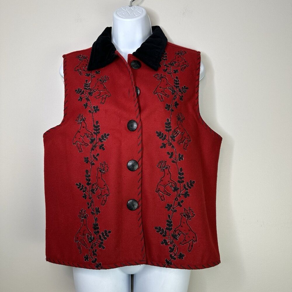 Life Style Christmas Vest Womens Large Wool Blend Red Holiday Reindeer Vintage